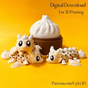 May include: Two articulated cream-coloured dragon figurines with large black eyes and green accents, positioned near a brown container topped with a white dumpling-shaped lid. Text reads Digital Download For 3D Printing and Patreon.com/Cylix3D.