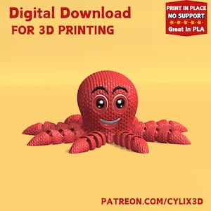 かぎ針編みの赤ちゃんタコ、鉛筆/ストロー トッパー、3D 印刷用の STL ファイル、編み物のタコ 3D プリンター ファイル、関節式フレキシ トイ、その場で印刷