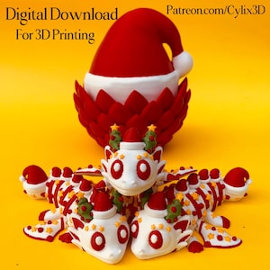 May include: A festive 3D-printed design featuring a red and white Santa hat and several white dragon figures with red and yellow accents. The dragons wear Santa hats and have Christmas tree decorations. The background is yellow, with text that reads "Digital Download For 3D Printing".