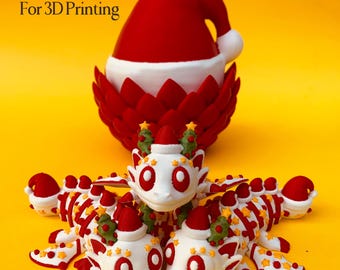 May include: A festive 3D-printed design featuring a red and white Santa hat and several white dragon figures with red and yellow accents. The dragons wear Santa hats and have Christmas tree decorations. The background is yellow, with text that reads "Digital Download For 3D Printing".