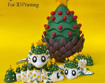 May include: A 3D-printed Christmas tree and dragon figurines. The tree is green with red ornaments and a yellow star. The dragons are white with green and yellow accents. Text reads "Digital Download For 3D Printing" and "Patreon.com/Cylix3D".