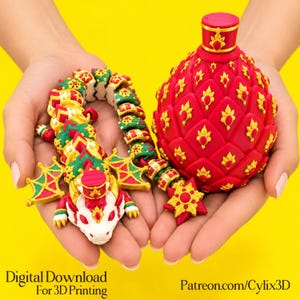 May include: A 3D printed articulated dragon figure with red, green, and gold scales, alongside a matching red and gold egg-shaped container. The text "Digital Download For 3D Printing" and "Patreon.com/Cylix3D" is printed at the bottom.