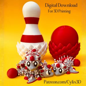 Puede incluir: Un diseño impreso en 3D con temática de bolos que presenta un pin de bolos blanco y rojo, una bola de bolos roja y varias figuras de dragones grises con detalles de pin de bolos. La imagen incluye el texto "Digital Download For 3D Printing" y "Patreon.com/Cylix3D".