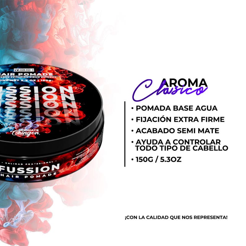 May include: A black hair pomade tin with the word "FUSSION" and "HAIR POMADE" printed on it. The tin also has the words "SSSION" and "ZZZON" in a blue and red design. The text "AROMA Clasico" is also visible.