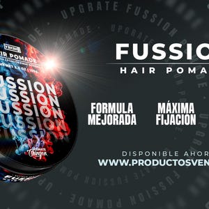May include: A black and silver hair pomade container with the word "FUSSION" in large white letters. The container has a swirling blue and red design. The text "HAIR POMADE" is also visible.