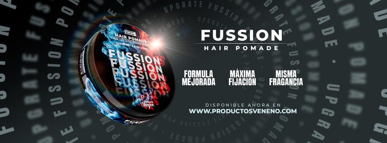 May include: A black and silver hair pomade container with the word "FUSSION" in large white letters. The container has a swirling blue and red design. The text "HAIR POMADE" is also visible.