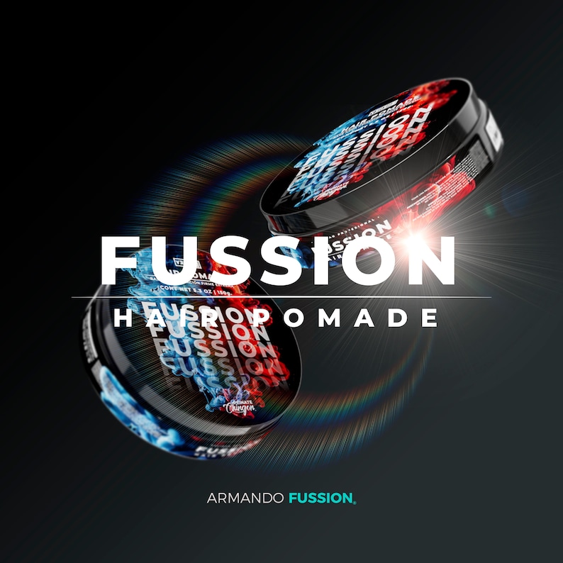 May include: Two black hair pomade containers with the word "FUSSION" in large white letters. The containers have a red and blue design. The text "HAIR POMADE" is also visible. The brand name "Armando Fussion" is at the bottom.