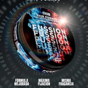 May include: A round hair pomade container with the word "FUSSION" in large white letters. The container has a black background with blue and red accents. The text "HAIR POMADE" is at the top, and the container holds 5.3 oz (150g).