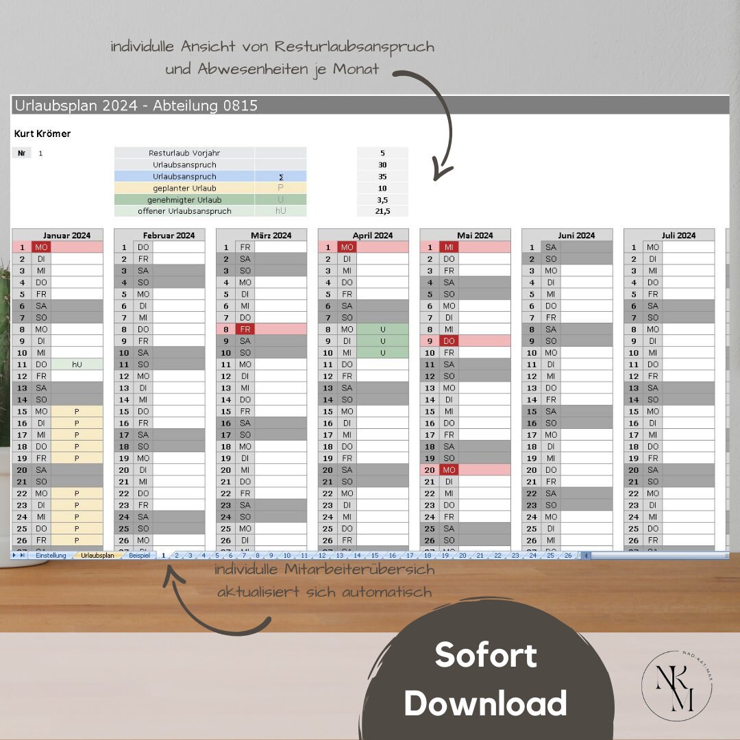 Holiday Planner 2024 Excel Template for up to 50 Employees With Public