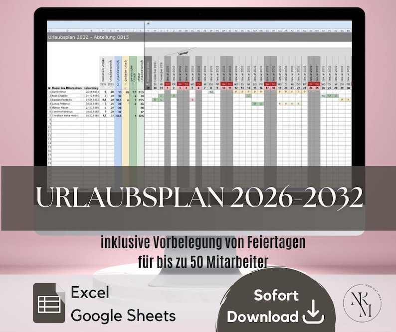Urlaubsplan 2026 bis 2032 mit Feiertagen | Excelvorlage | für bis zu 50