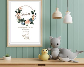 Christening gift poster frame for a child's or baby's room. Souvenir of the baptism of the child.