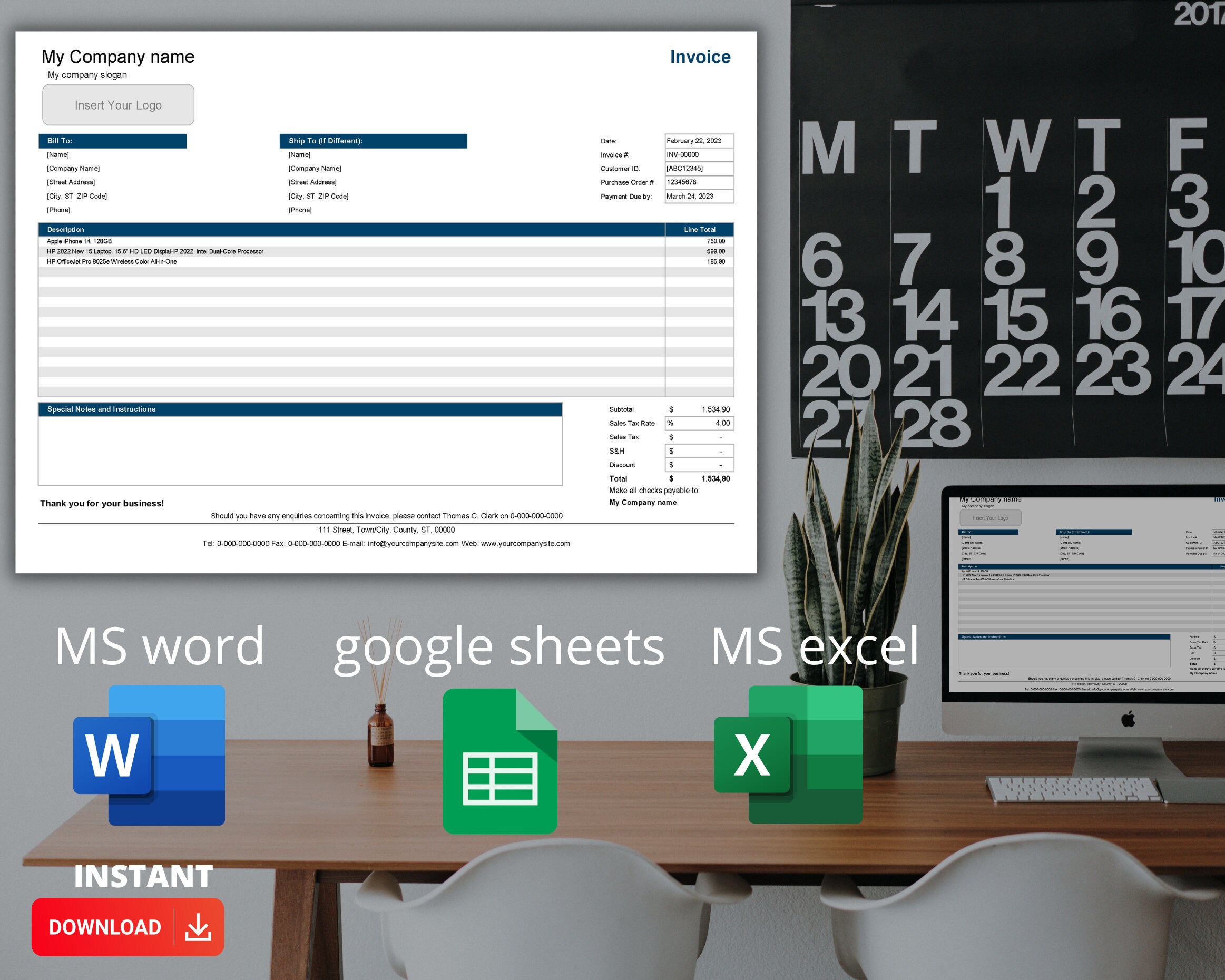 Horizontal Invoice Template, Receipt Template, Invoice Form, Editable ...