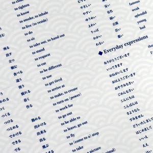 May include: A white paper with Japanese vocabulary and phrases in blue. The words are arranged in columns and rows, with English translations provided. The paper has a wave pattern in the background and includes the phrase "Everyday expressions".