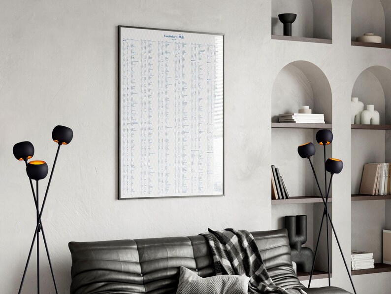 May include: A framed poster with the text "Vocabulary Hub" in blue, hanging on a white wall. The room features a black leather sofa, black and gold lamps, and built-in shelves with decorative items.