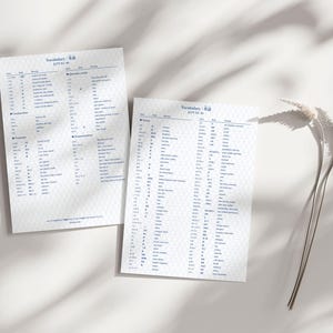May include: Two white vocabulary sheets with blue text and a geometric pattern. The sheets are titled "Vocabulary" and include Japanese characters. The sheets are on a white surface with shadows and a few sprigs of dried grass.