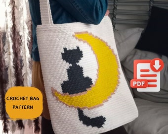 Crochet Tote Bag Pattern: Cat on Moon Design (PDF Pattern)
