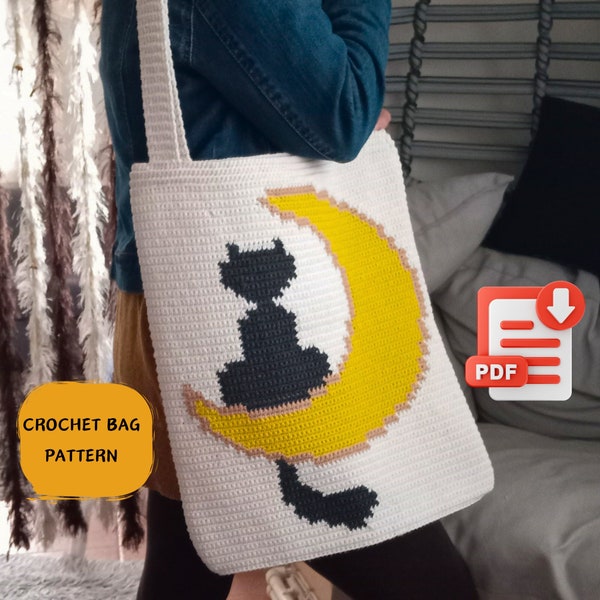 Crochet Bag Pattern, Crochet Tote Bag Pattern With Cat On Moon,Easy Crochet