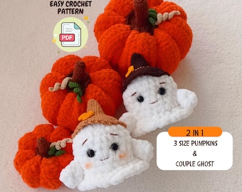May include: Crochet pattern for three sizes of pumpkins and a couple of ghosts. The pattern is available as a PDF download. 2 in 1 crochet pattern.
