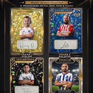 May include: Four rectangular sports trading cards featuring individual players in soccer jerseys. Each card displays a name, team, number, and a signature box. The designs include gold, blue, and black holographic backgrounds with text labels.