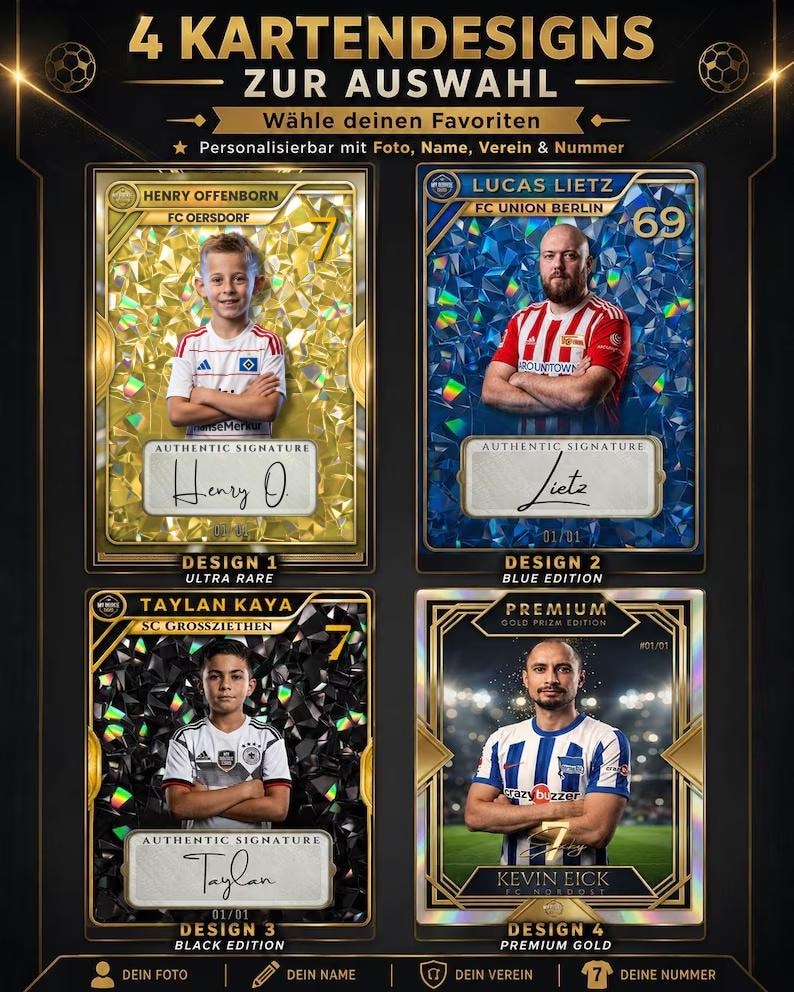 May include: Four rectangular sports trading cards featuring individual players in soccer jerseys. Each card displays a name, team, number, and a signature box. The designs include gold, blue, and black holographic backgrounds with text labels.