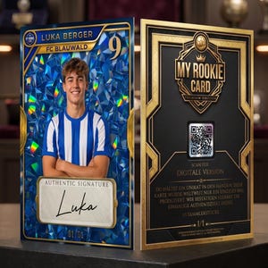 May include: A two-sided sports trading card featuring a player named Luka Berger from FC Blauwald. The front displays a blue holographic background, a portrait of the player, and an authentic signature. The back features a QR code and text.