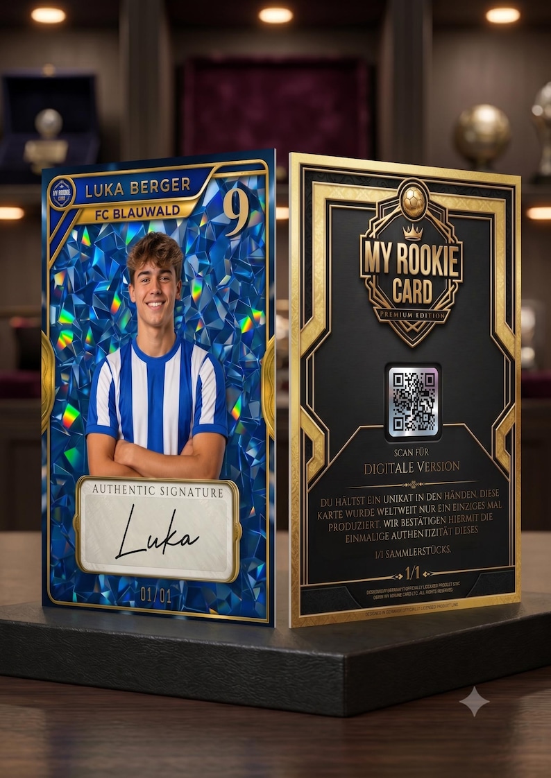 May include: A two-sided sports trading card featuring a player named Luka Berger from FC Blauwald. The front displays a blue holographic background, a portrait of the player, and an authentic signature. The back features a QR code and text.