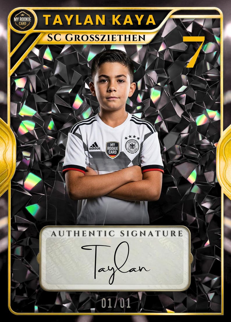 May include: A sports trading card featuring Taylan Kaya of SC Grossziethen. The card displays a portrait of a young athlete in a white soccer jersey with black accents, a black diamond-patterned background, the number 7, and an authentic signature.