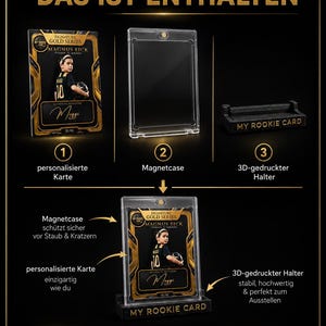 May include: A personalized trading card featuring a soccer player, a clear magnetic protective case, and a black 3D-printed display stand with the text MY ROOKIE CARD. The set includes the card, case, and stand, shown individually and assembled.