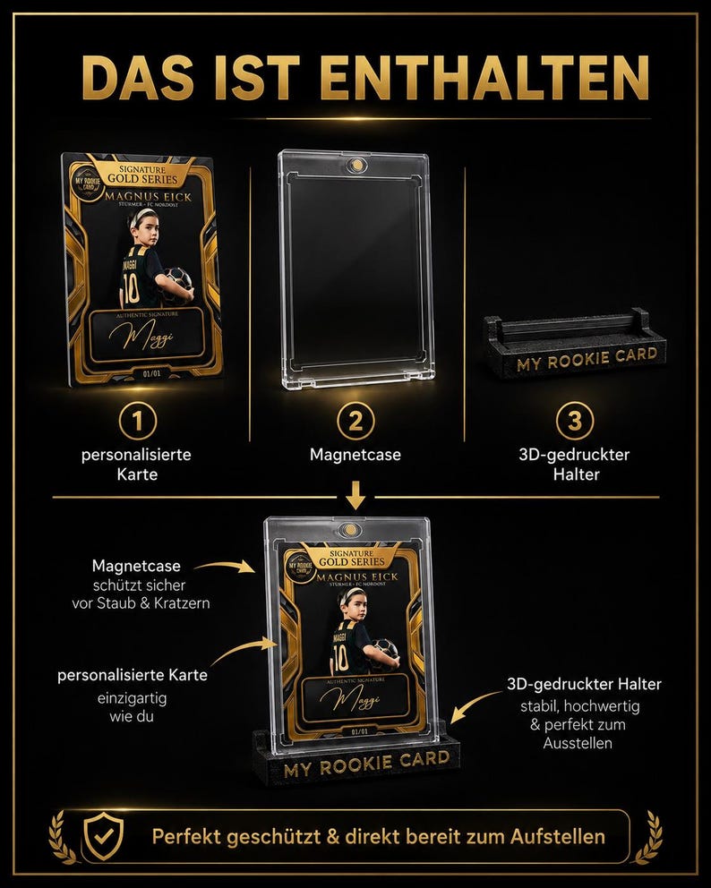 May include: A personalized trading card featuring a soccer player, a clear magnetic protective case, and a black 3D-printed display stand with the text MY ROOKIE CARD. The set includes the card, case, and stand, shown individually and assembled.