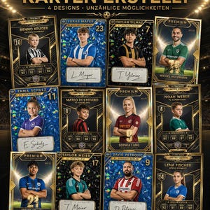 May include: A collection of eleven personalized soccer trading cards featuring individual player portraits, team names, player statistics, and authentic signatures. The cards are displayed against a dark background with stadium lighting effects and the text SCHON VIELE EINZIGARTIGE KARTEN ERSTELLT.
