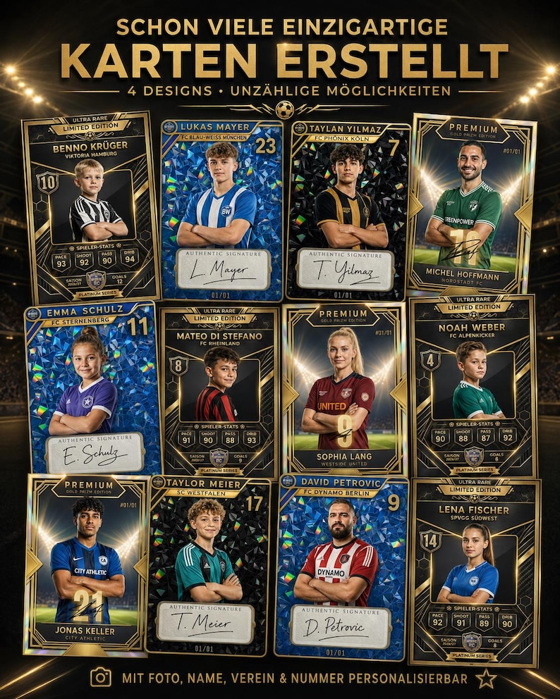 May include: A collection of eleven personalized soccer trading cards featuring individual player portraits, team names, player statistics, and authentic signatures. The cards are displayed against a dark background with stadium lighting effects and the text SCHON VIELE EINZIGARTIGE KARTEN ERSTELLT.
