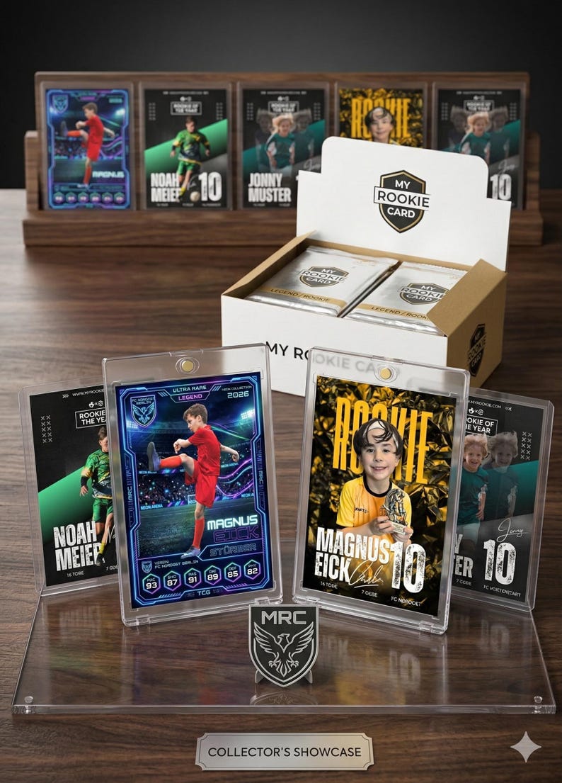 May include: A collection of My Rookie Card trading cards displayed in clear plastic cases and a cardboard box. The cards feature young athletes in sports uniforms with text including names like Magnus Eick and Noah Meier, plus stats and logos.