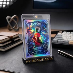May include: A rectangular trading card featuring a soccer player in a red jersey with the number 7, labeled Max Muller and The Future Star, encased in a clear magnetic holder on a black stand with the gold text MY ROOKIE CARD printed on the front.
