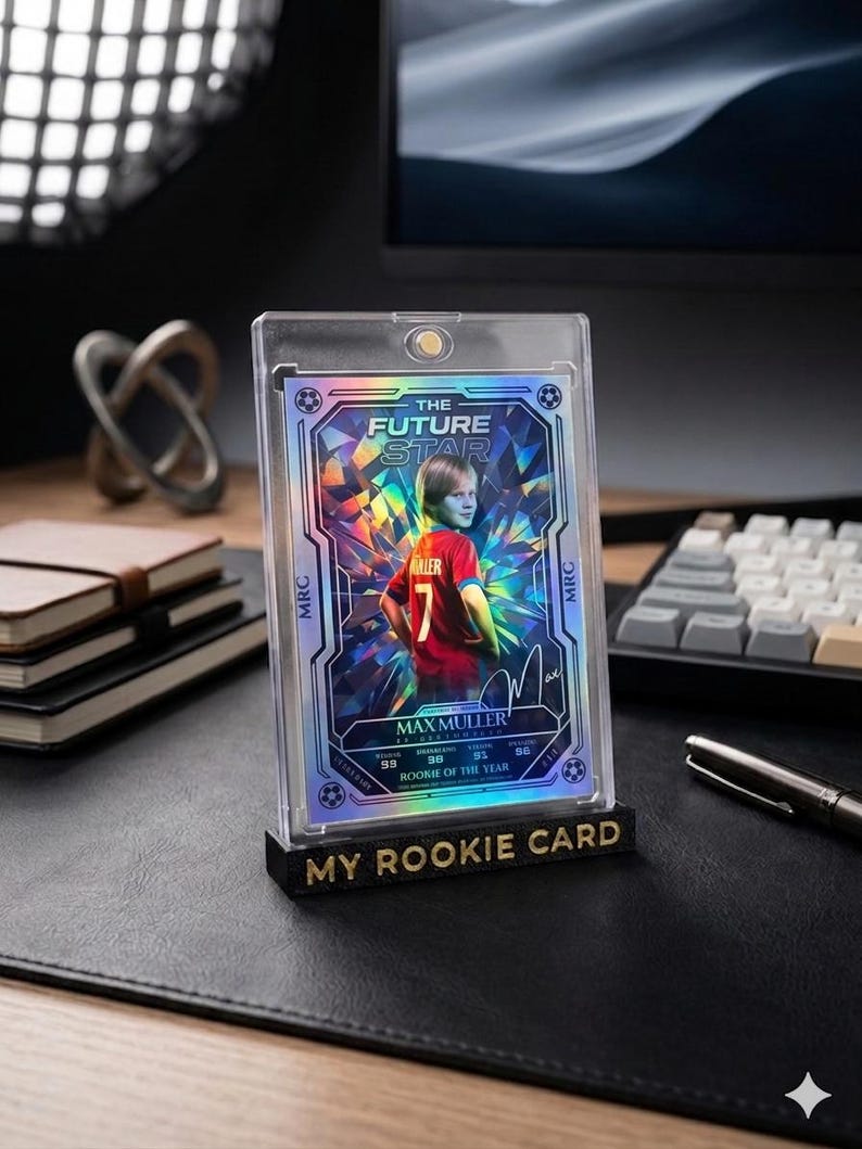 May include: A rectangular trading card featuring a soccer player in a red jersey with the number 7, labeled Max Muller and The Future Star, encased in a clear magnetic holder on a black stand with the gold text MY ROOKIE CARD printed on the front.