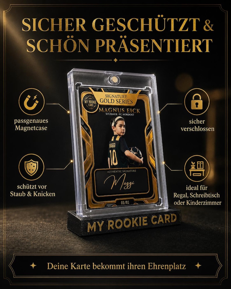 May include: A clear magnetic protective case holding a gold and black sports trading card featuring a young soccer player named Magnus Eick. The card displays the text Signature Gold Series, My Rookie Card, and an authentic signature by Maggi.