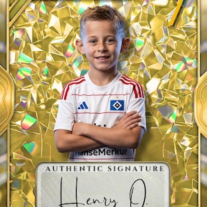 May include: A gold-bordered trading card featuring a young soccer player in a white jersey with red stripes. The card displays the name Henry Offenborn, FC Oersdorf, the number 7, and an authentic signature reading Henry O. with a 01/01 serial number.