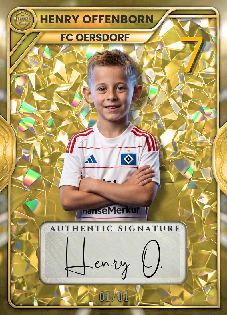 May include: A gold-bordered trading card featuring a young soccer player in a white jersey with red stripes. The card displays the name Henry Offenborn, FC Oersdorf, the number 7, and an authentic signature reading Henry O. with a 01/01 serial number.