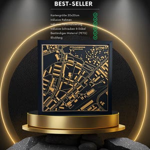 Personalisiertes Bild mit Rahmen | 3D Stadt | Koordinaten  | Personalisierte Geschenke Hochzeitsgeschenk | 20x20 cm | Schwarz-Gold  |
