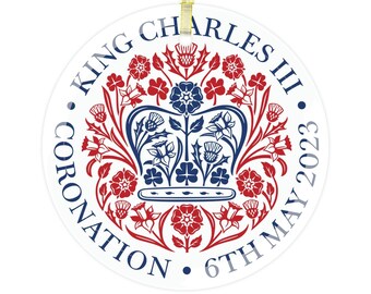 Ornement en verre, ornement de couronnement rouge et bleu du roi Charles III