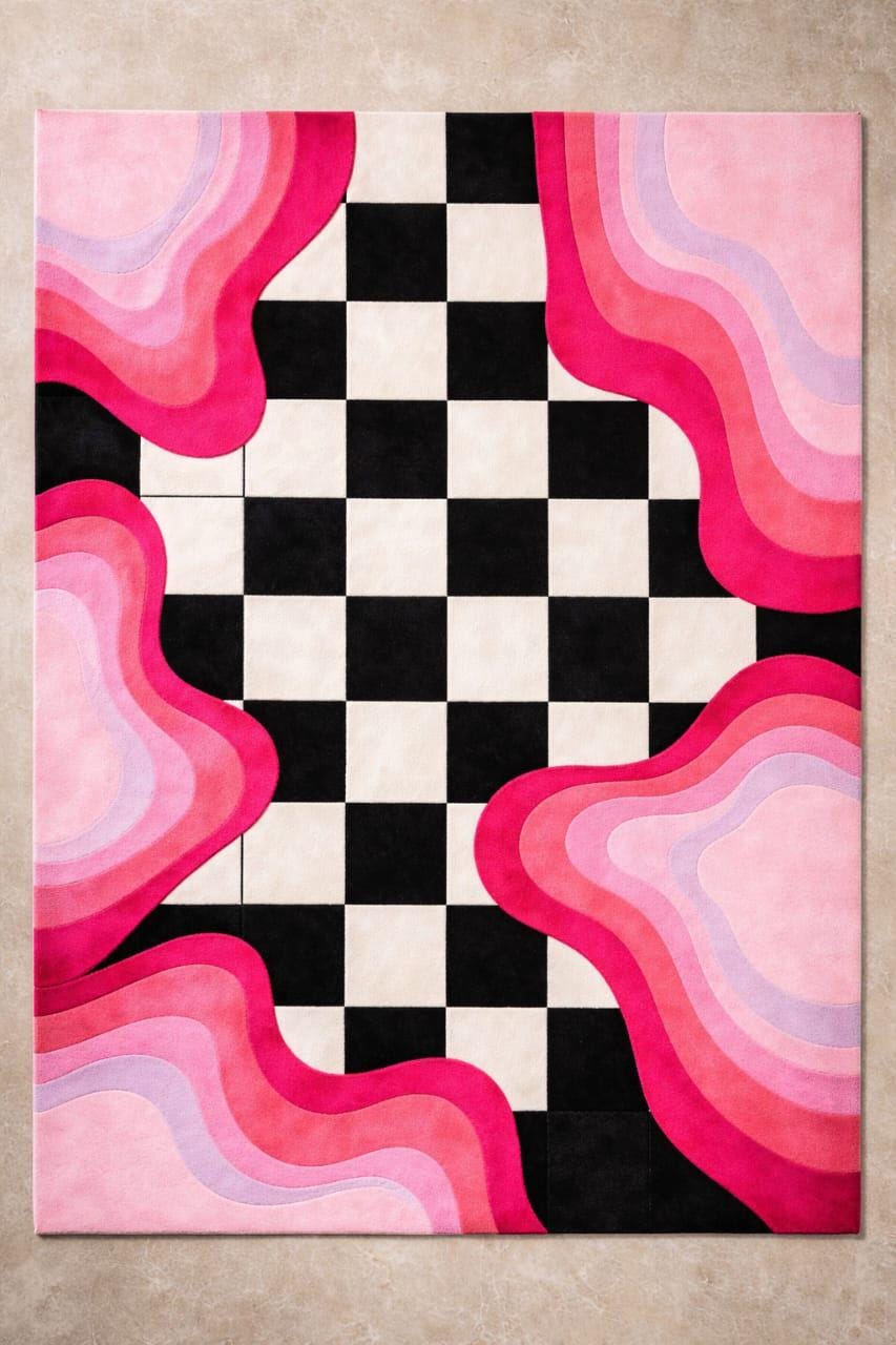 Wavy Checker Pattern Rug Modern Hand Tufted Abstract Rug With Pink Wave Design & Black White ...