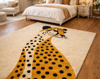 Leopard Animal Area Rug | Modern Wildlife Statement Rug | Handmade Wool Carpet for Living Room Bedroom | Luxury Home Decor 6x9