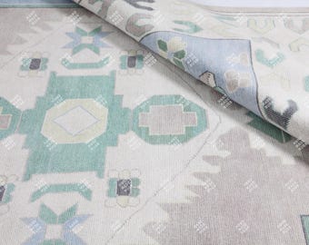 Neutral Pastel Oushak Turkish Rug | Handmade Wool Area Rug in Soft Blue Green & Ivory | Vintage Style Oriental Rug for Living Room 9x12