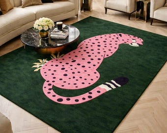 Modern Leopard Area Rug Green & Pink | Handmade Wool Statement Rug for Living Room Bedroom | Bold Animal Print Home Decor 8x10