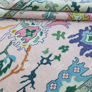 Hand Knotted Pink Oushak Rug: 100% Wool, Traditional Design
