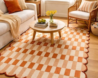 Alfombra Matilda de cuadros inspirada en Anthropologie: lujosa alfombra festoneada a cuadros naranja y marfil, tejida a mano, para hogares modernos y cálidos, de 30 x 38 cm.