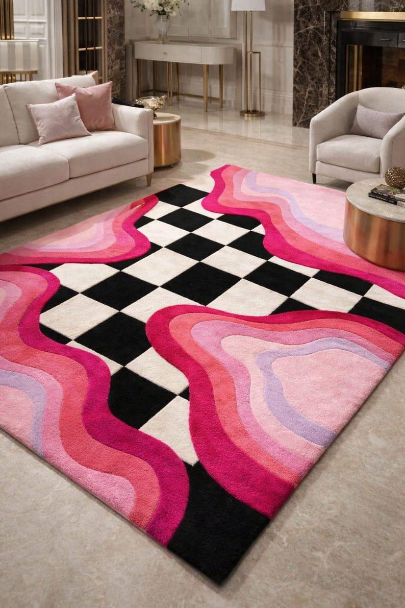 Moevment Rugs Modern Hand Tufted Abstract Rug With Pink Wave Design & Black White ...