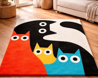 Modern Colorful Cat Kids Rug – Soft Non-Slip Cartoon Area Carpet for Living Room, Bedroom & Playroom Home Décor 6x9, 8x10