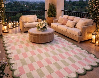 Alfombra Matilda de cuadros inspirada en Anthropologie: lujosa alfombra de cuadros pastel con mechones hechos a mano y borde festoneado para hogares modernos y elegantes de 15 x 23 cm.