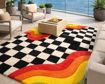 Luxury Hand Tufted Abstract Checkerboard Rainbow Rug – Modern Designer Statement Carpet for Living Room, Bedroom, Patio & Contemporary Homes