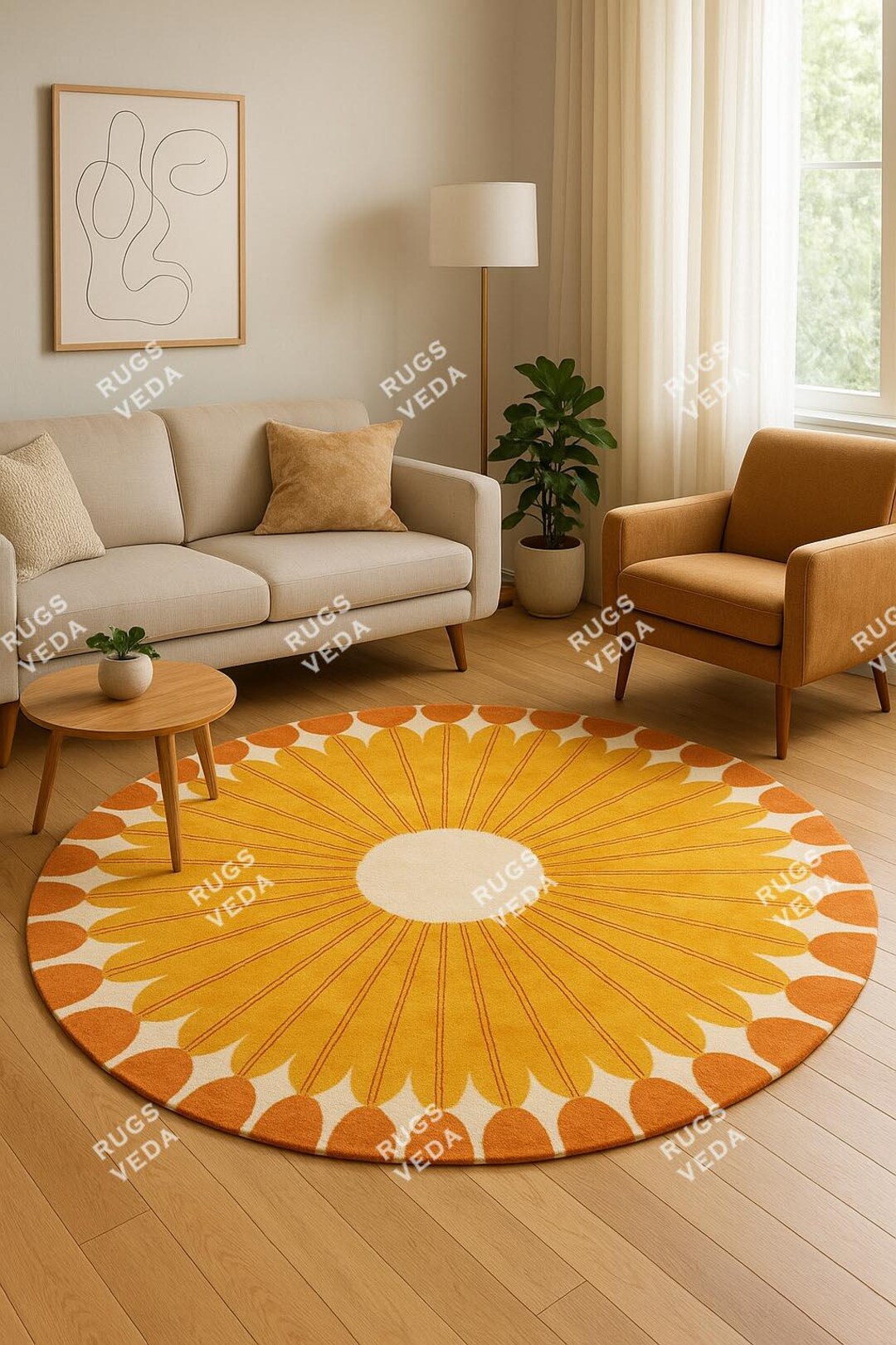 Hand-tufted Wool Round Rug | Vaserely Sunflower Design - Etsy